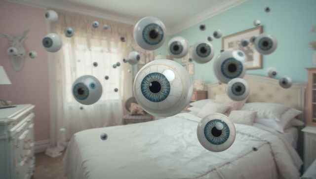 Surreal eyeball orbs hovering in dreamy pastel bedroom