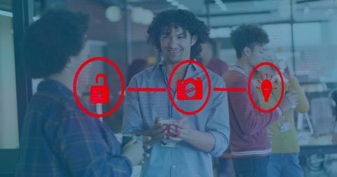 Coworkers engaging during break with overlaid digital icons