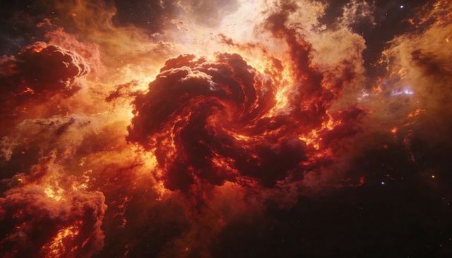 Swirling Fiery Nebula Erupting with Glowing Plasma Filaments and Cosmic Dust Vortex