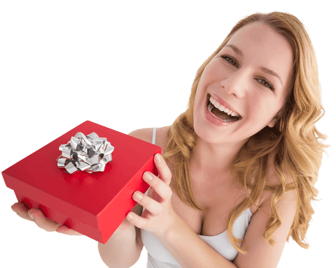 Smiling Woman Holding Transparent Red Gift Box