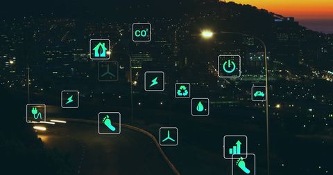 Green Energy Icons Over Cityscape at Sunset - Download Free Stock Images Pikwizard.com