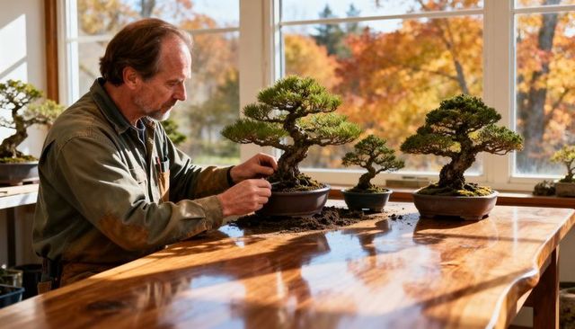 Senior man tending bonsai on polished wood table shaping miniature pine in autumn sunlight