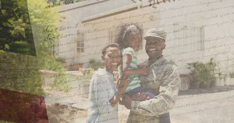 Patriotic african american military family embraces a returning soldier