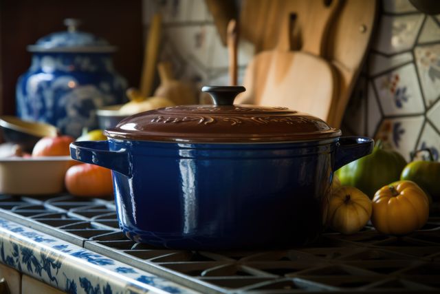 Blue Dutch oven sits on farmhouse style stove surrounded by fresh vegetables and cutting boards. Perfect for food preparation, cooking in rustic environments, and farmhouse kitchen decor themes.