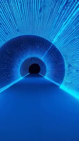 Vertical video moving camera through pulsating blue LED tunnel toward dark vanishing exit