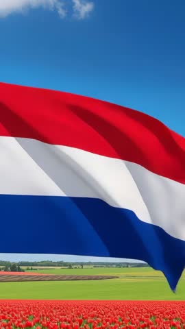 Rippling Dutch tricolor flag waving over vibrant tulip fields, breeze picking up vertical video