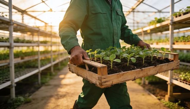 Greenhouse worker carrying tray of seedling plugs through sunlit nursery in coveralls