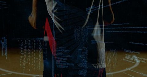 Basketball player standing near 3-point arc with digital code overlay, sports tech scene