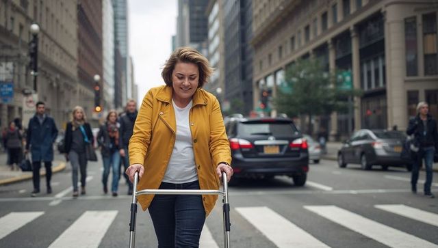 Middle-aged woman with walker crossing busy city street