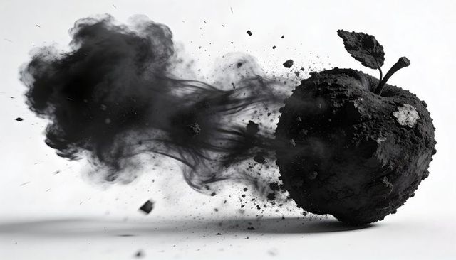 Charred apple orb emitting black smoke and dust plume, surreal decay concept for editorial
