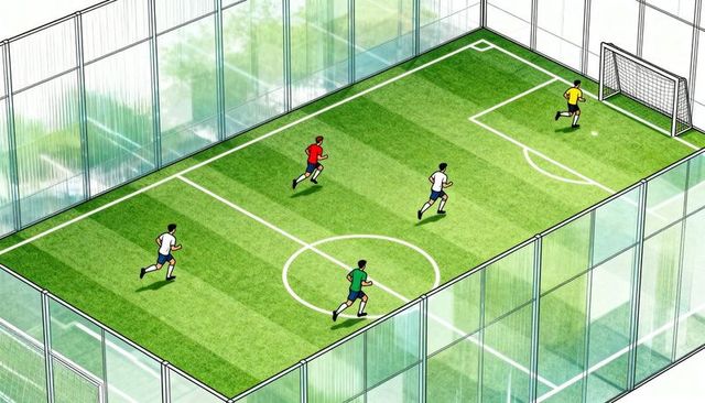 Rooftop glass soccer arena with players sprinting toward goal on enclosed turf