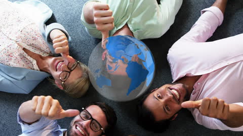 Diverse Team Celebrating Success with Globe Overlay