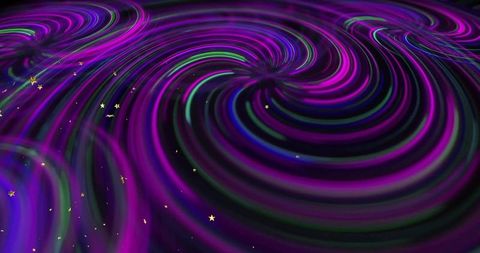 Vibrant neon vortex with metallic stars in digital space