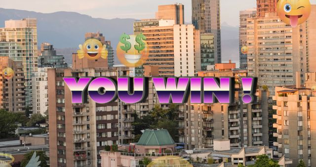 Creative text overlay with 'You Win' and emojis placed on top of urban high-rise buildings. Fits perfectly for promotional campaigns celebrating victories, successful promotions, congratulatory messages, or online advertisements in gaming apps. Useful also for design projects needing a lively urban background with a successful, celebratory tone.