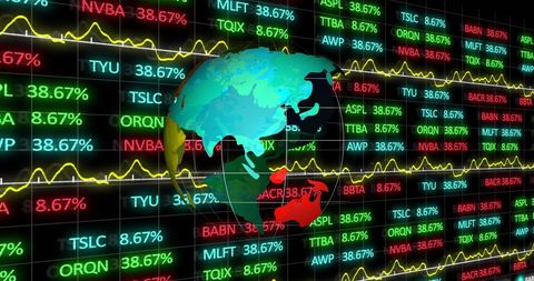 Rotating globe with financial charts symbolizing global economy