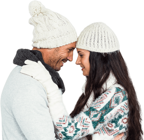 Happy Couple Embracing in Winter Apparel Transparent Background