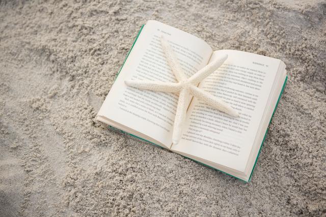Starfish resting on an open book on a sandy beach. Ideal for concepts related to relaxation, vacation, summer reading, and coastal living. Perfect for travel blogs, beach resort promotions, and marine life educational materials.