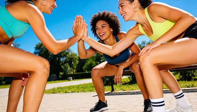 High-fiving diverse women squatting in activewear outdoor celebrating fitness and teamwork