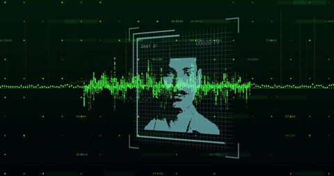 Futuristic data processing interface with digital face recognition