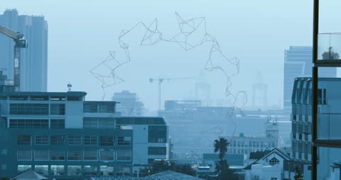 Abstract Geometric Animation Over Cityscape in Blue Haze