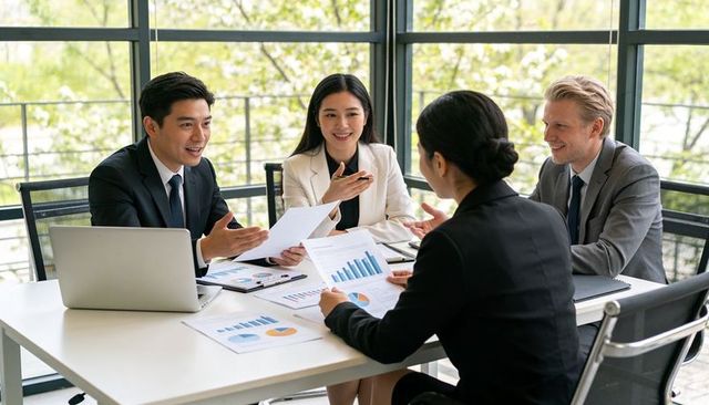 Executives reviewing financial charts and analytics in bright glass conference room