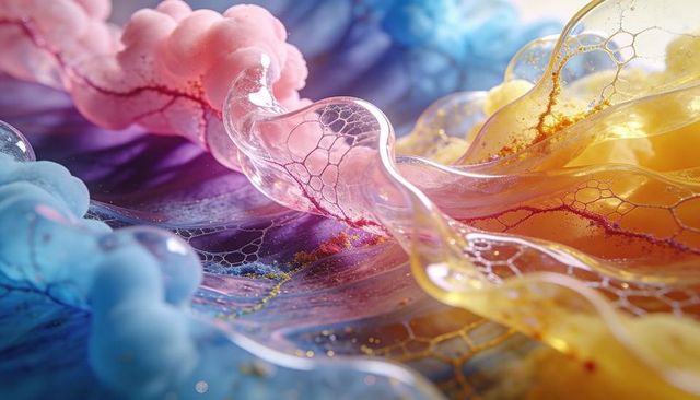 Flowing ribbon membranes with translucent honeycomb veins and metallic dust macro glossy gradient