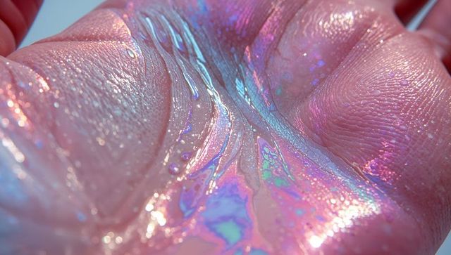 Glistening iridescent gel pooling in palm with holographic pastel shimmer macro