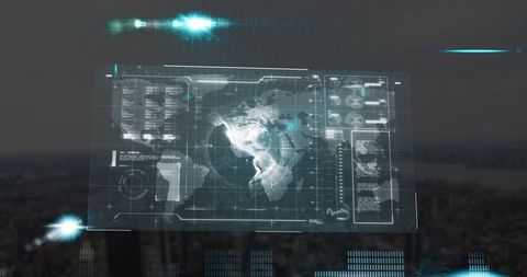 Holographic World Map Display Over Cityscape at Dusk