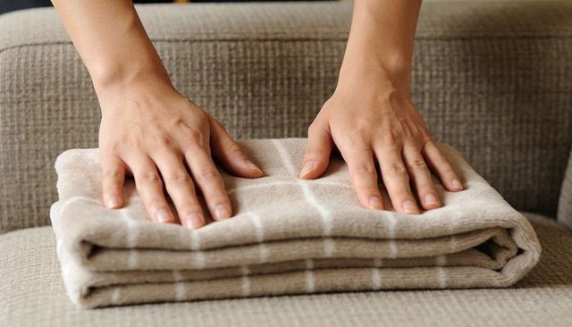 Hands smoothing folded beige blanket on sofa cushion with white grid pattern linen closeup