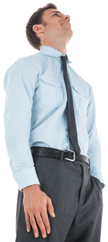 Transparent View of Happy Businessman in Formal Attire Looking Up