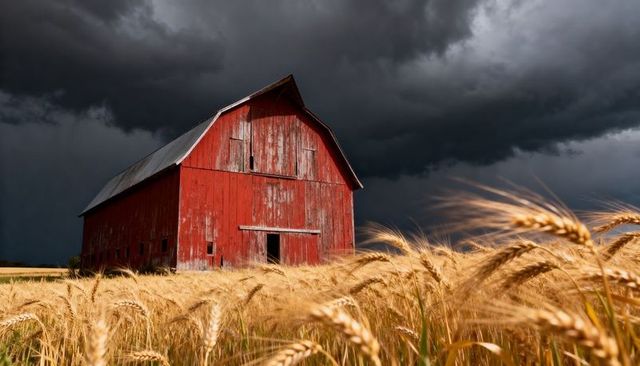 Red Barn Standing Amid Golden Wheat While Storm Clouds Looming Over Prairie Horizon
