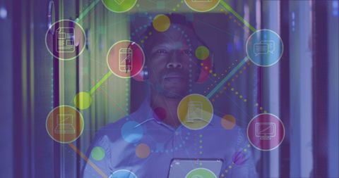 African american technician in vr environments and digital networks