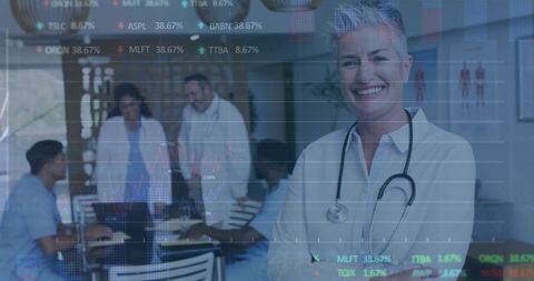 Senior female doctor leading medical team meeting with data overlay