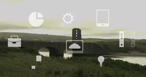 Floating Interface Icons Over Rural Bridge Landscape