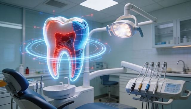 Holographic tooth showing inflamed pulp with rotating diagnostic rings in dental operatory