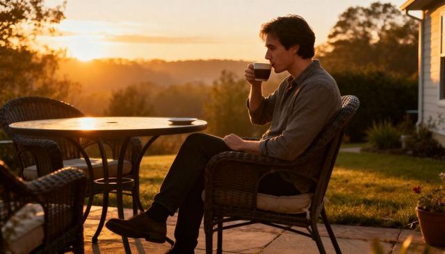 Man sipping morning coffee on patio at golden hour, relaxing with scenic sunrise view