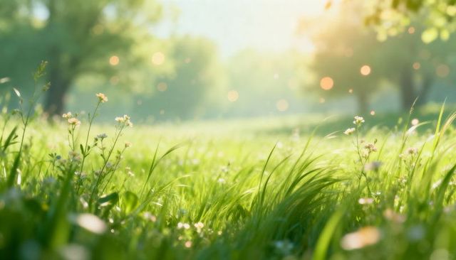 Sunlit meadow with dew-kissed grass and pale-pink wildflowers glowing in golden-hour bokeh