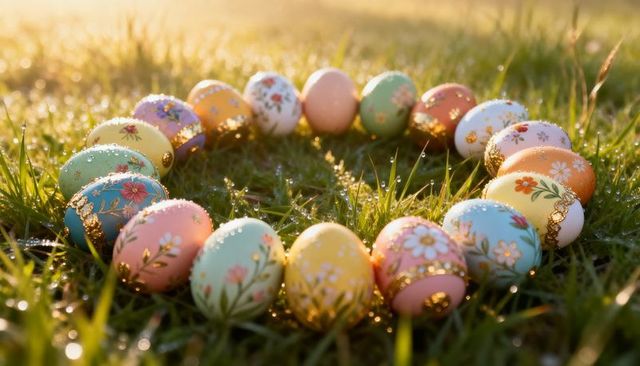 Pastel floral easter eggs forming sparkling ring on dewy grass at sunrise