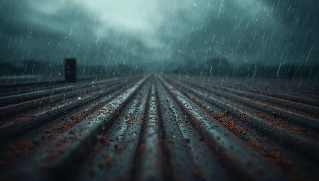 Rusted corrugated metal rooftop under heavy rain