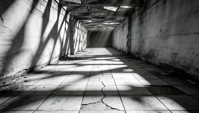Abandoned industrial corridor running toward dark opening with cracked tiles and shadows