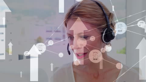 Woman with Headset Surrounded by Digital Network Graphics