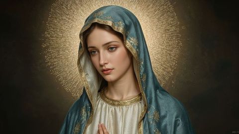 Divine the virgin mary woman in embroidered blue mantle with radiant halo
