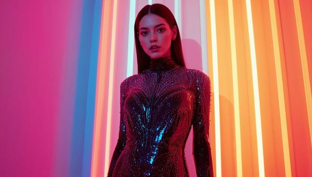 Glamorous asian model in sequined bodysuit with neon led lights