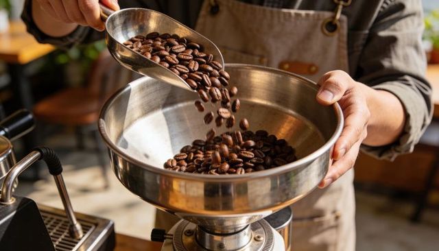 Barista pouring roasted coffee beans into grinder hopper with metal scoop in cozy cafe