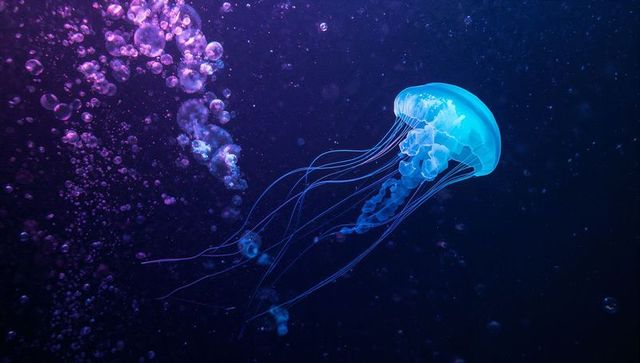 Glowing Jellyfish Drifting Through a Purple Underwater World