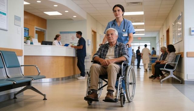 Nurse pushing elderly man in wheelchair through bright hospital corridor for patient transport