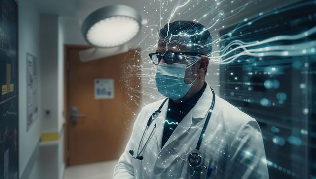 Physician wearing surgical mask analyzing real-time digital health data and ai streams