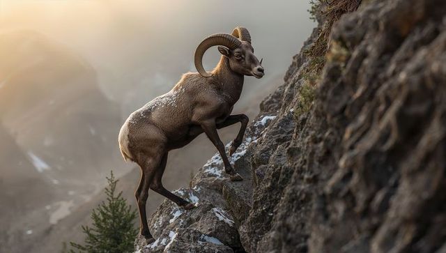 Standing bighorn ram surveying steep alpine cliffside at sunrise, curved horns, snow patches