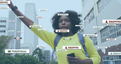 Woman Receiving Social Media Notifications Hailing Taxi