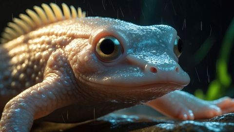 Bumpy amphibian resting on rainy forest rock close-up